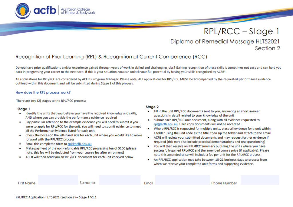 ACFB - HLT52021 Stage 1 Section 2 RPL