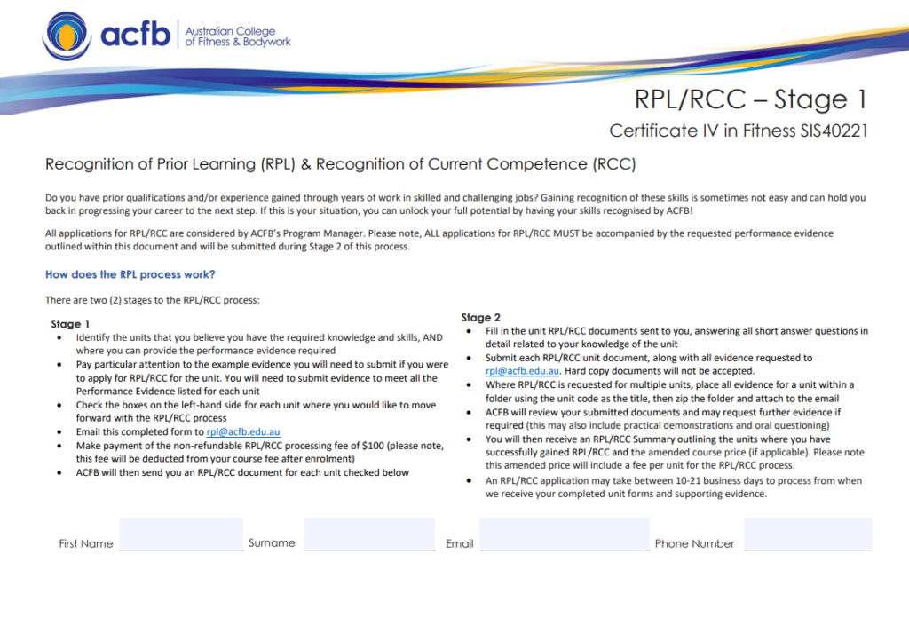ACFB - SIS40221 RPL Application