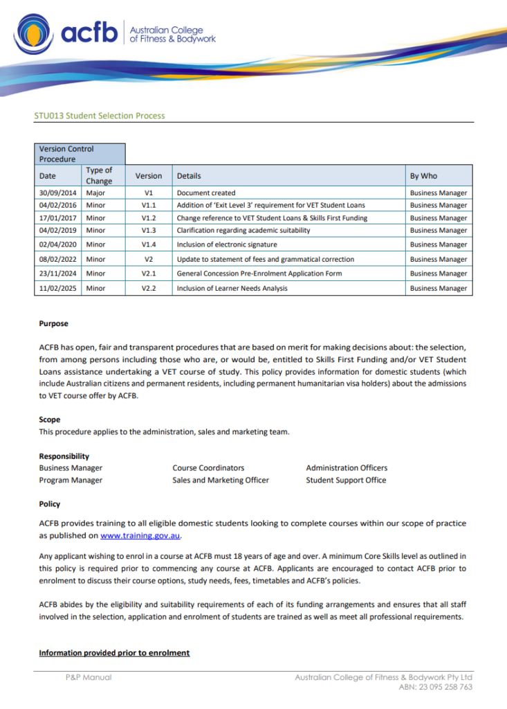 ACFB Student Selection Process