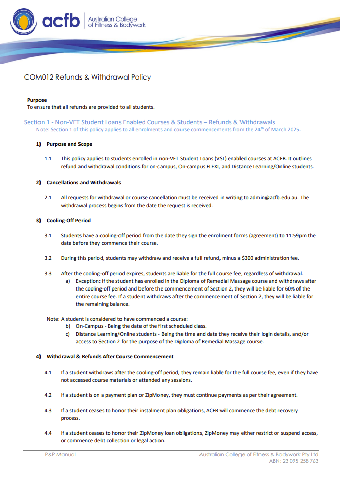 ACFB Refunds & Withdrawals Policy PDF